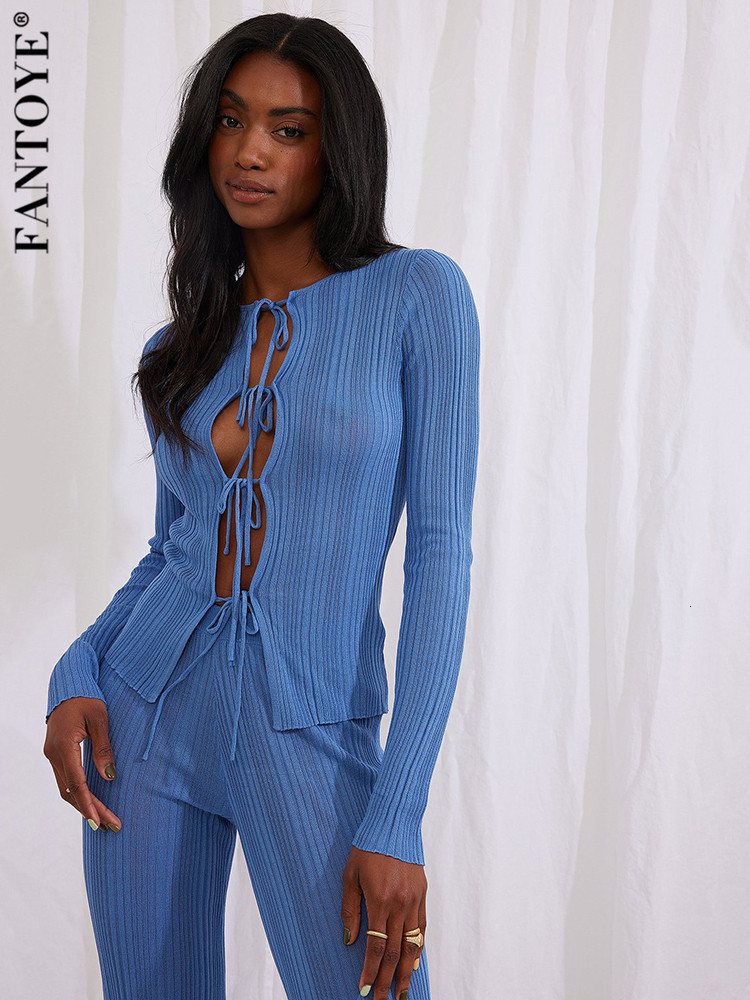 

Womens Two Piece Pants Fantoye Knitted Black Ladies Shirt Suits Sexy Round Collar Hollow Out Cardigan Top Solid Drawstring Sets Streetwear Female 221206, White