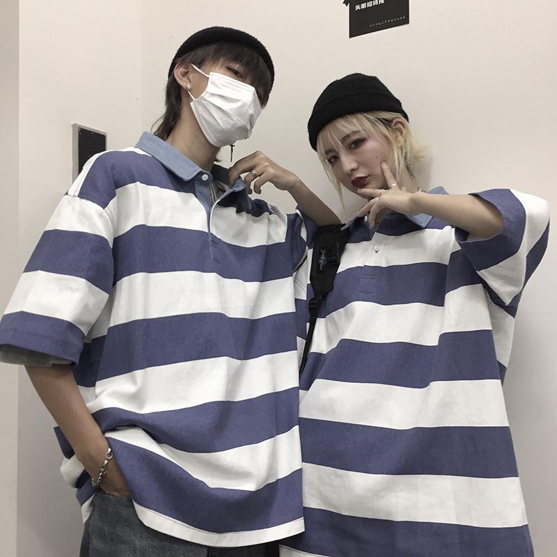 

Men's T Shirts Spring Summer High Quality Striped Oversized T-Shirt Harajuku Fashion Simple Short Sleeve Couple Clothes Funny College Style, Blue