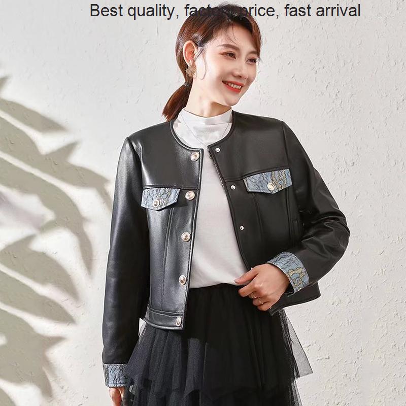 

Women's Leather High Quality Genuine Jacket Women Spring And Autumn Casual Short Denim Contrast Color Splicing Metal Buckle, Black