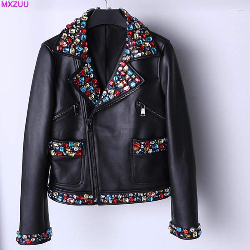 

Women's Leather Women Locomotive Jacket 2023 Genuine Diamonds Zipper Long Sleeve Chaqueta De Cuero Mujer Sheepskin High End Manteau, Black
