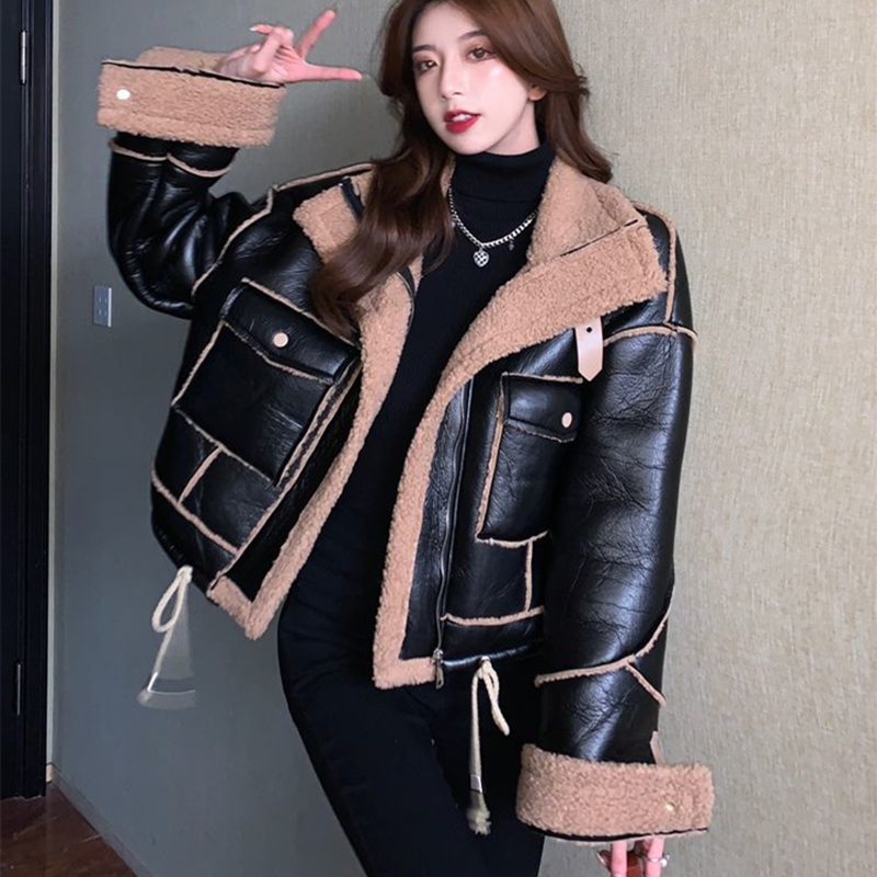 

Women's Leather Faux 2023 Korean Lamb Fur Loose Short Padded PU Tooling Cotton Jacket Female Warm Parkas Black Winter Sheepskin Coat 221206