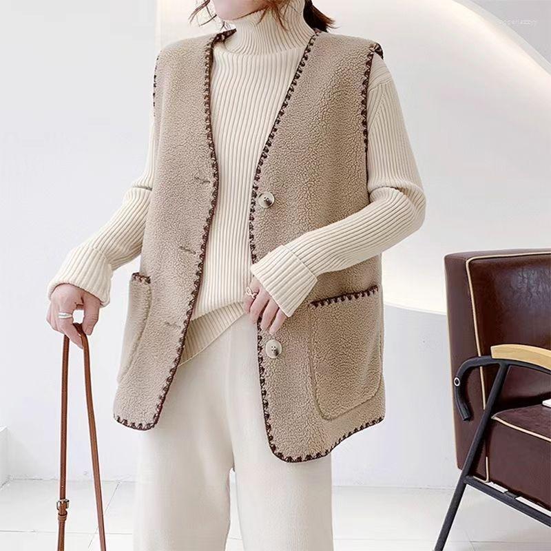 

Women's Vests Women Sleeveless Lamp Wool Loose Jackets Waistcoat Female Warm Fleece Vest Pockets Outerwear Ladies Mujer G289, Black