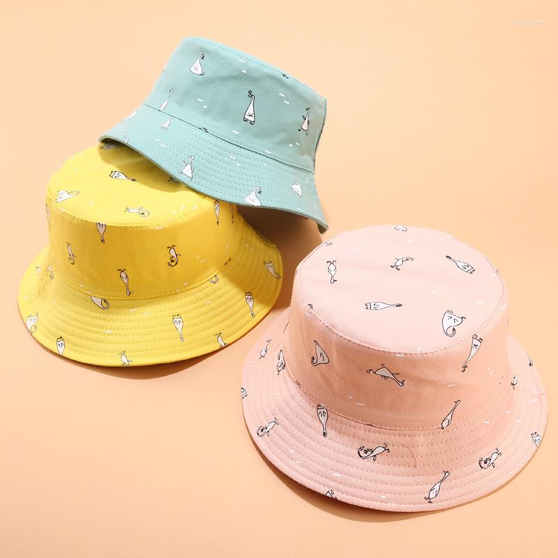 

Berets Cotton Double Sided Cartoon Print Bucket Hat Fisherman Outdoor Travel Sun Cap Hats For Men And Women Fishing, Black