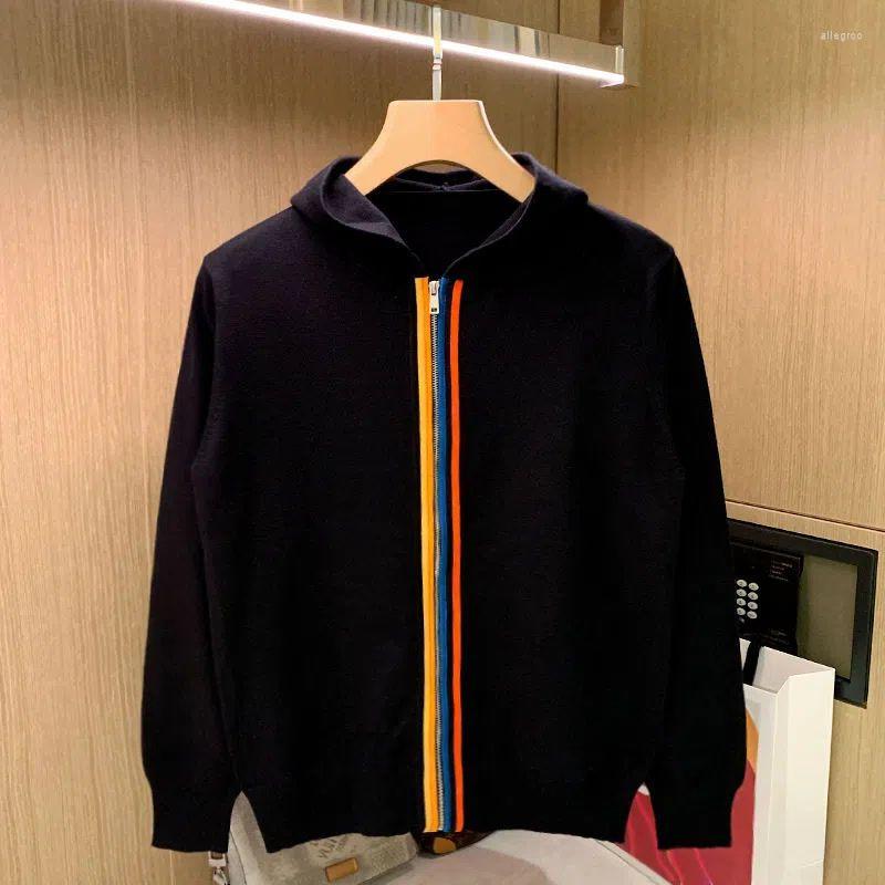 

Men's Sweaters 2022 Autumn And Winter Casual Hooded Color Strip Contrast Knitted Cardigan Coat Men, Black