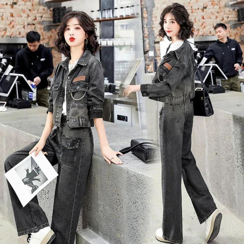 

Women' Two Piece Pants Spring Casual Denim Pant Sets Women' 2022 Autumn Fashion Jacket High Waist Straight Wide Leg Jeans 2 Suit, Dark gray