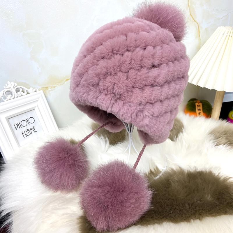 

Berets Rex Fur Hat Women Winter Pompom Ball Hats Warm Fluffy Soft Elastic Girls Natural, Black