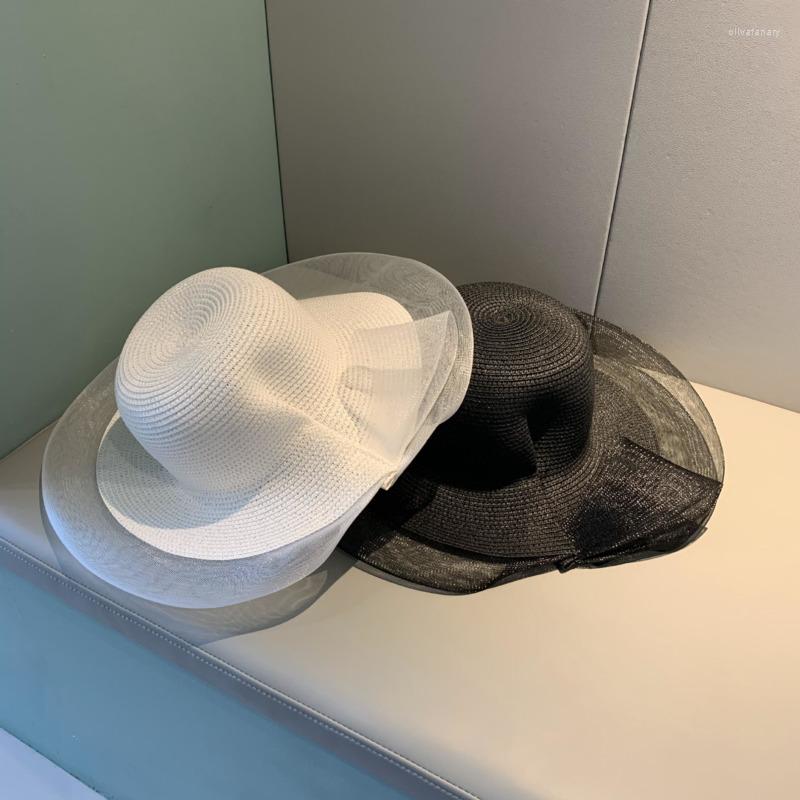 

Wide Brim Hats Veil Netting Sun Hat Ladies Straw Women Summer Beach Cap Fedoras Dress, White