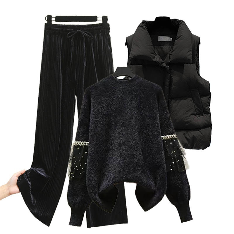 

Women s Two Piece Pants Plus Size 3 Set Women Soft Mink Pullover Sweater Down Cotton Vest Velvet Wide Leg Sets Tracksuit Suit 221206, Only black pants