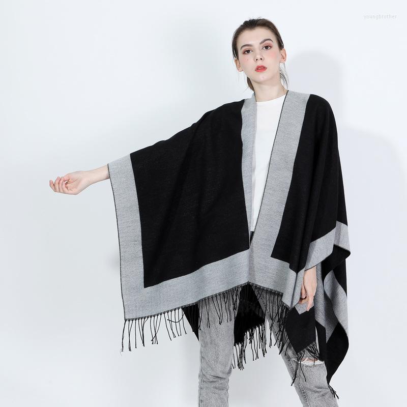

Scarves Fashion Winter Warm Jacquard Plain Fringed Ponchos Capes For Women Oversized Blanket Scarf Shawls Solid Color Cashmere Poncho