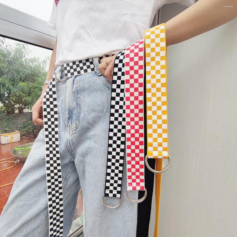 

Belts Belt Black And White Checkered Double-ring Buckle Canvas Striped Woven Casual Trendy Korean Fashion Waist