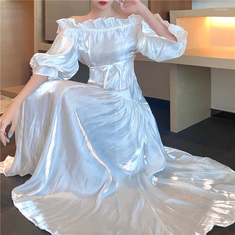 

Casual Dresses Women Streamer Chiffon Dress Beach Style Summer Slash Neck Backless Ankle Length Boho Holiday Female Clothing, White