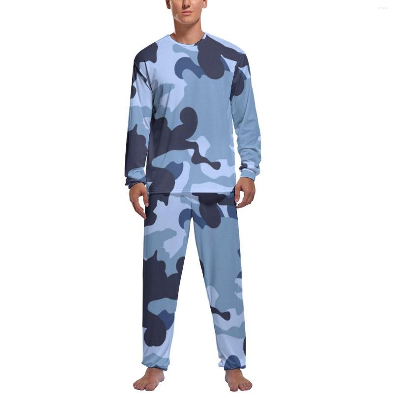 

Men' Sleepwear Blue Camo Pajamas Daily Military Camouflage Print Home Nightwear Man Two Piece Pattern Long Sleeve Cute Pajama Sets, Style-9