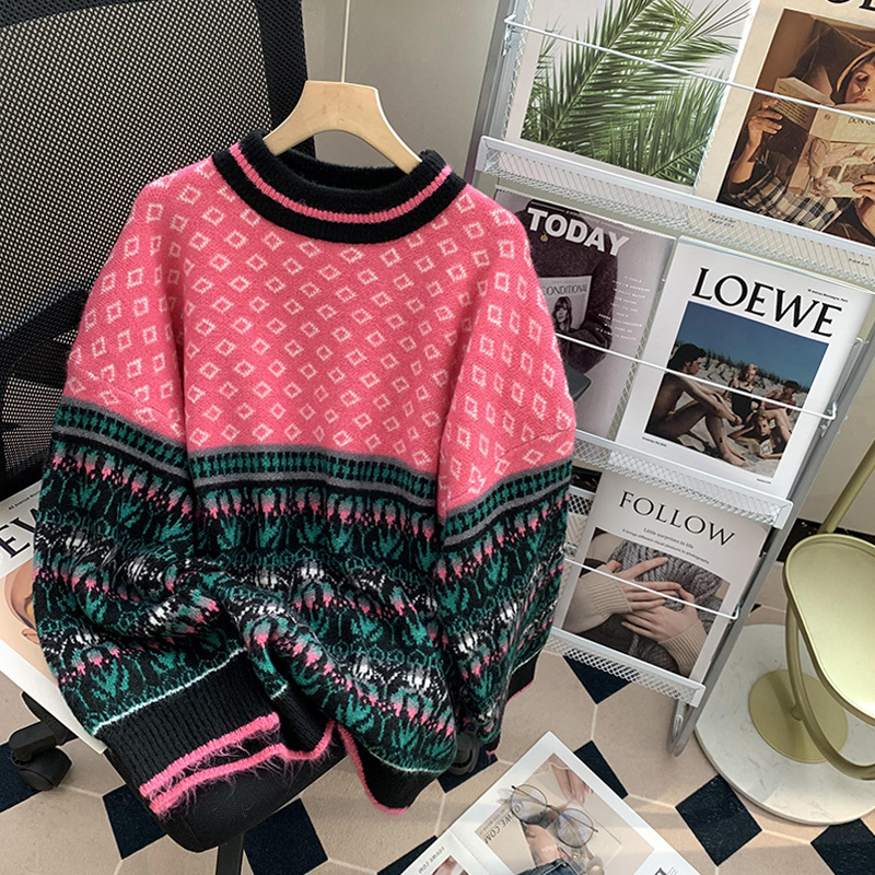 

Women s Sweaters High Quality Overszied Autumn Winter Jacquard Pullover Puff Sleeve O Neck Women Knitted Jumpers 221206, Pink
