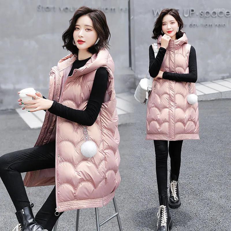 

Women's Vests 2022 Shiny Down Vest Women's Thickened Autumn Winter Loose Outerwear Mid-Long Cotton Padded Jacket Waistcoat Fashion Coat, Pink