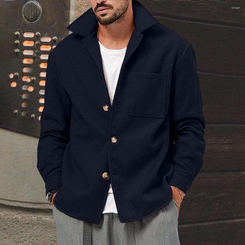 

Men's Jackets Men Coat Long Sleeves Turn-down Collar Loose Fit Single-breasted Pocket Design Keep Warm Solid Color Male Overcoat Winter, Black