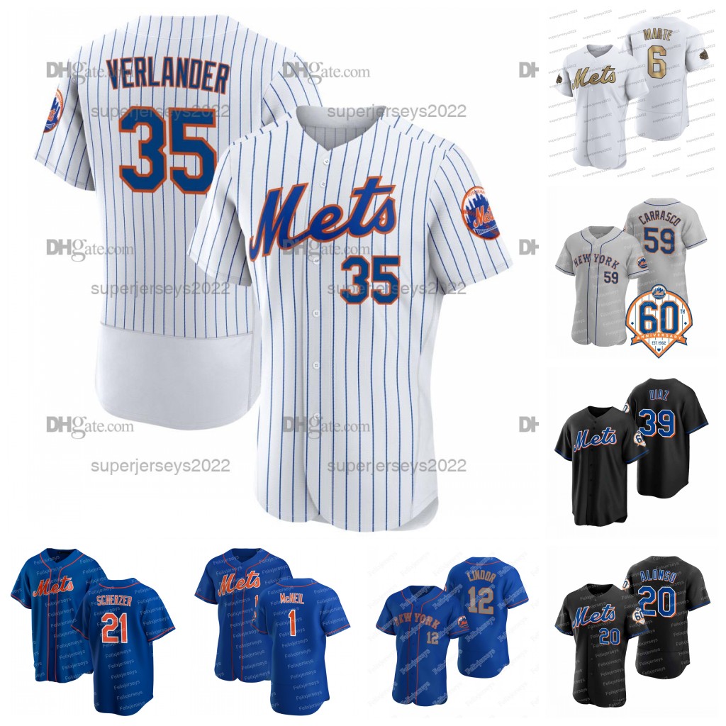 

35 Justin Verlander Jerseys Edwin Diaz mets Eduardo Escobar Pete Alonso Starling Marte Jeff McNeil Max ScherzerFrancisco Lindor Mark Canha Carlos Carrasco, 60th black flex base