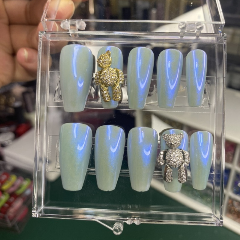 

Nail Practice Display Zircon Aurora False Nails With Designs Handmade Customized Bear Fake Nails With Glue Kawaii 3d Press On Nails Charms Removable 221206