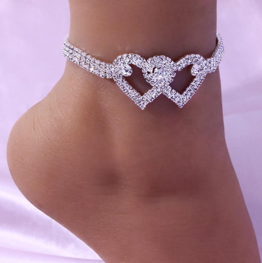 

Bohemia Cuban Link Chain Anklet Iced Out Bracelet for Women Men Rhinestone Hip Hop Foot Rock Heart Shaped Anklets