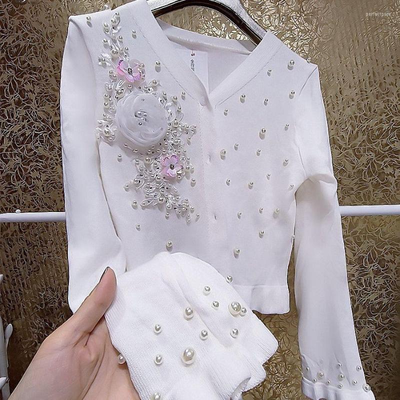 

Women' Knits Shiny V-Neck Rhinestones Luxury Fairy Pearls Beaded 3D Flowers Diamonds Lace Stitching Sunscreen Cardigan Knitwear Jumpers, White