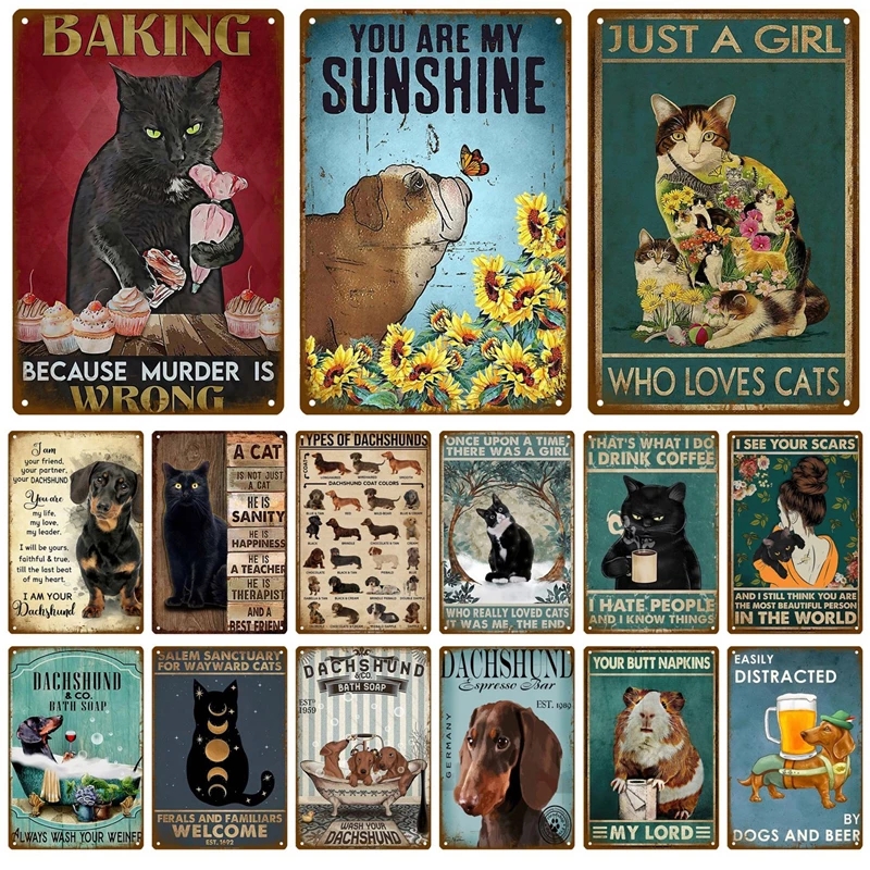 

Cat Dog Metal Painting Vintage Style Stickers Tin Plaque Retro Poster Metal Plate For Man Cave Home Bar Pet Shop wall Decor 20cmx30cm Woo