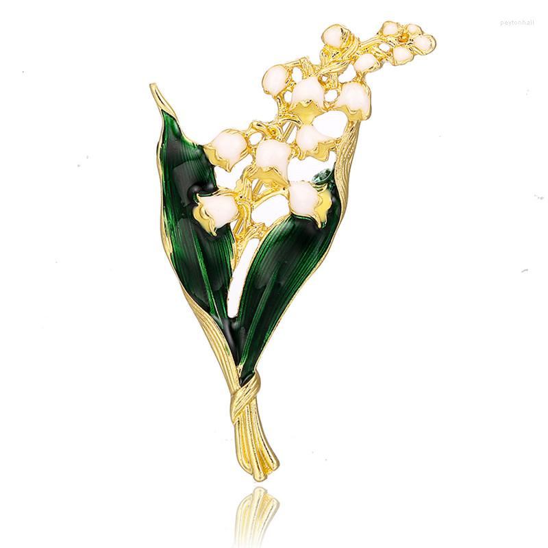 

Brooches Trendy Alloy Enamel White Floral Leaf Brooch Lily Of The Valley Color Pin High Quality Jewelry For Women