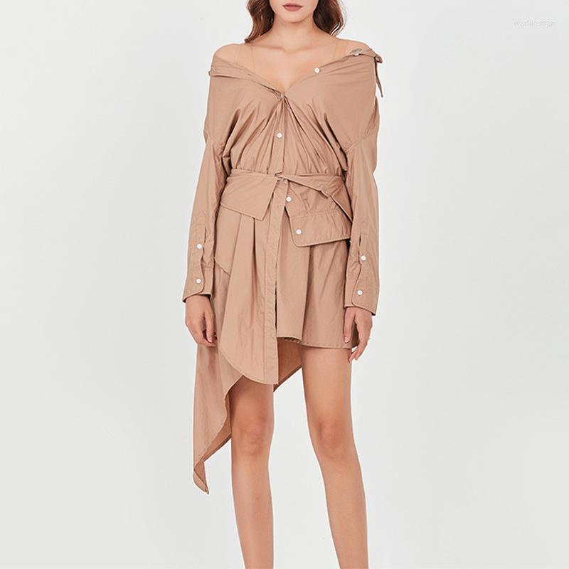 

Casual Dresses Women' 2022 Fashion Ladies One Word Neck Single Breasted Irregular Stitching Long Sleeve Dress, Khaki