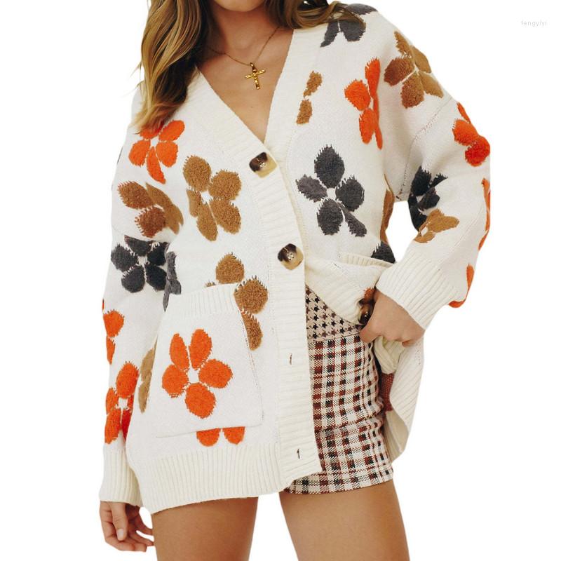 

Women' Knits Women Sweater Long Sleeve Knitted Cardigan Autumn Winter 2022 Clothes Fashion Flower Pattern V-neck Single-breasted Coat