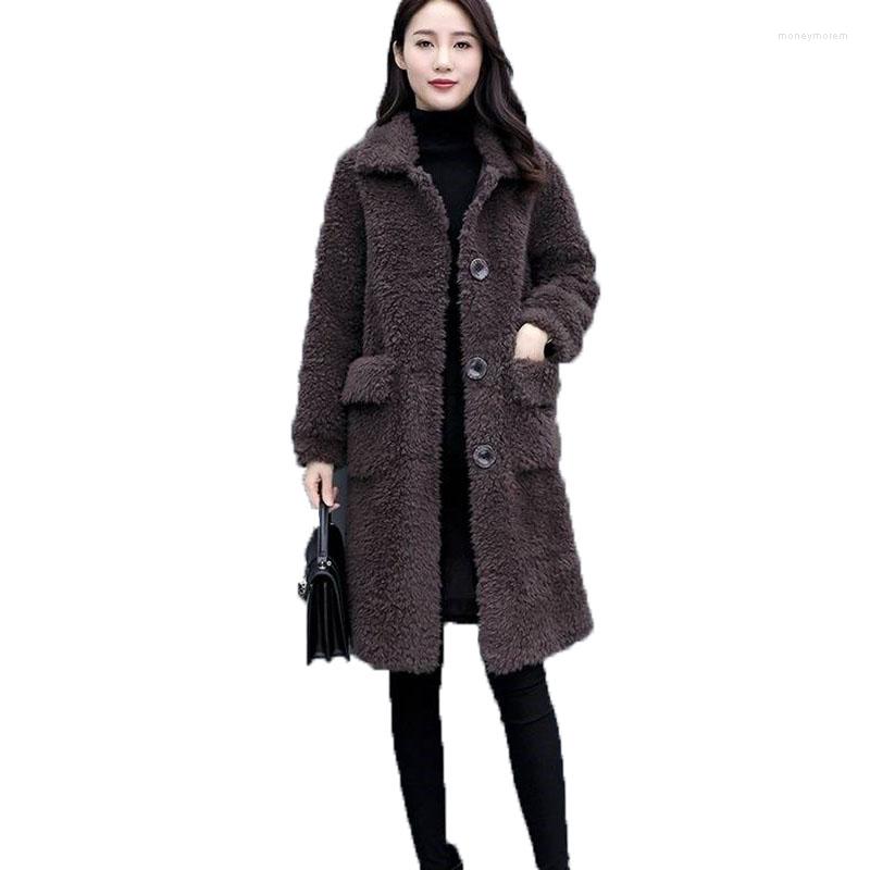 

Women's Fur Imitation Lamb Wool Women's Coat 2022 Autumn Winter Casual Mid-Long Single-breasted Chocolate Color Faux Jackets Outwea