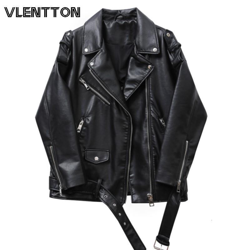 

Women's Leather Faux Spring Autumn Women Fashion PU Imitation Loose Zipper Jacket Coat Female Belt Pocket Solid Simple Casual Tops 221206, Black