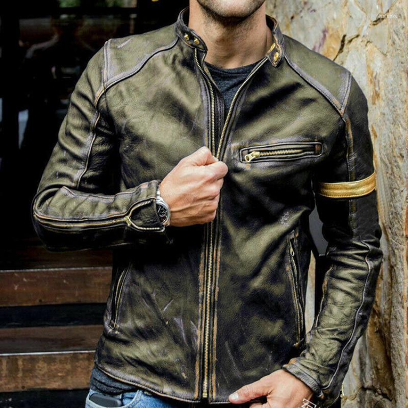 

Men' Down 2022 European And American Men' Leather Coat Youth Stand Collar Motorcycle Jacket, Khaki