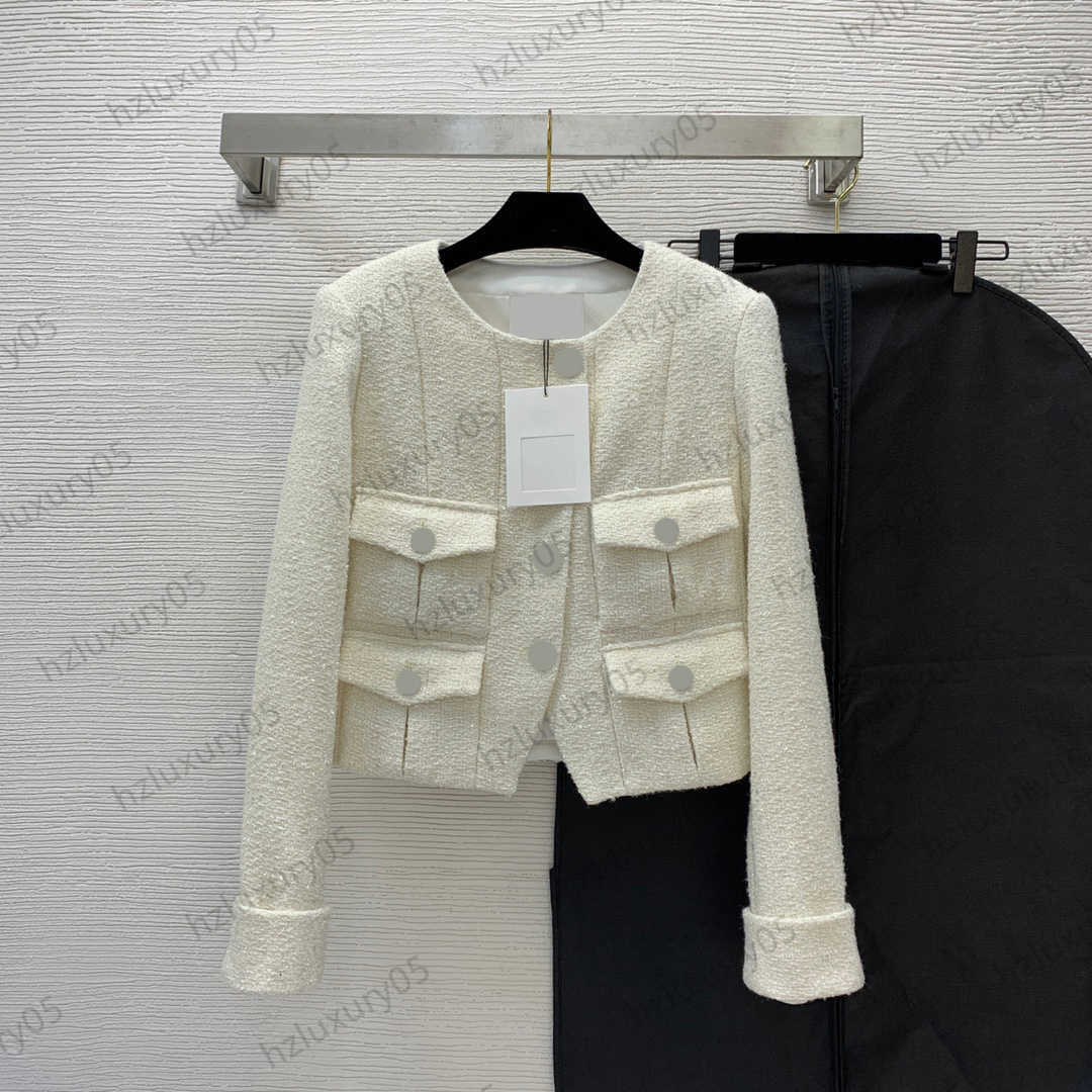 

Womens Jackets Full Printing Camellia Dark Jacquard Lining Crew Neck Short Jacket Sequin Woven Tweed Pockets Long Sleeve Slim Coats Fashion Women Clothing