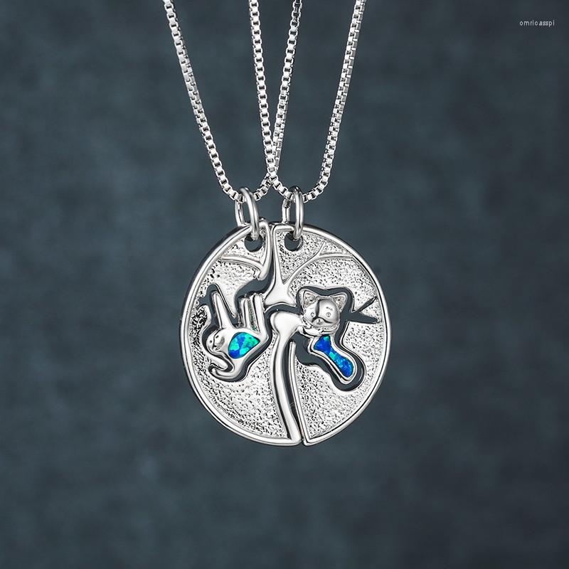 

Pendant Necklaces Dainty Small Animal Necklace Blue Fire Opal Round Detachable Classic Silver Color Chain For Women
