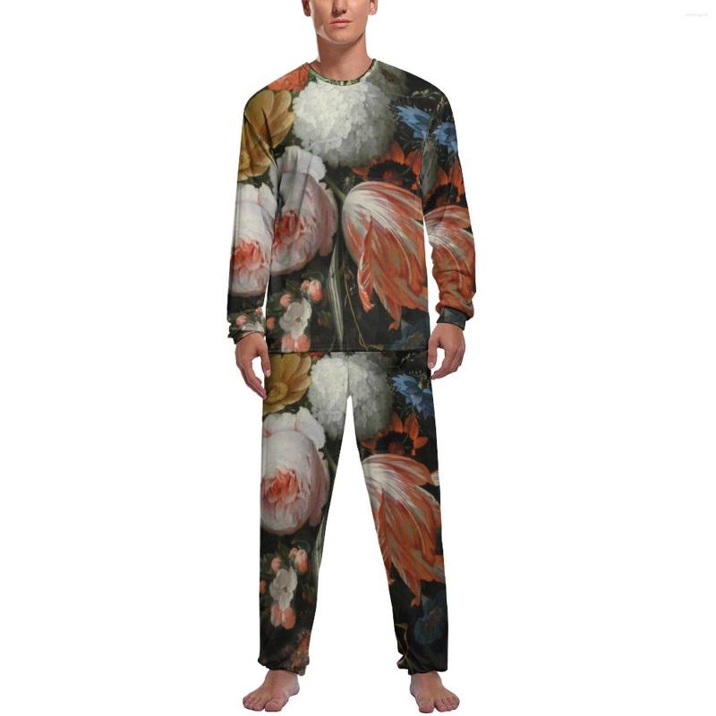 

Men' Sleepwear Bouquet Of Flower Pajamas Spring 2 Pieces Colorful Floral Print Lovely Pajama Sets Man Long Sleeve Room Custom, Style-6
