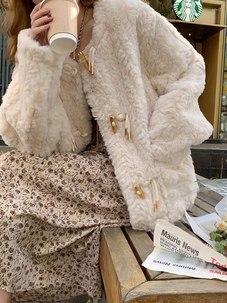 

Women' Fur Nicemix Lamb Wool Coat Female Short Cowl Button Jacket 2023 Autumn Winter Thicken Plush O-neck Elegant Imitation, Beige