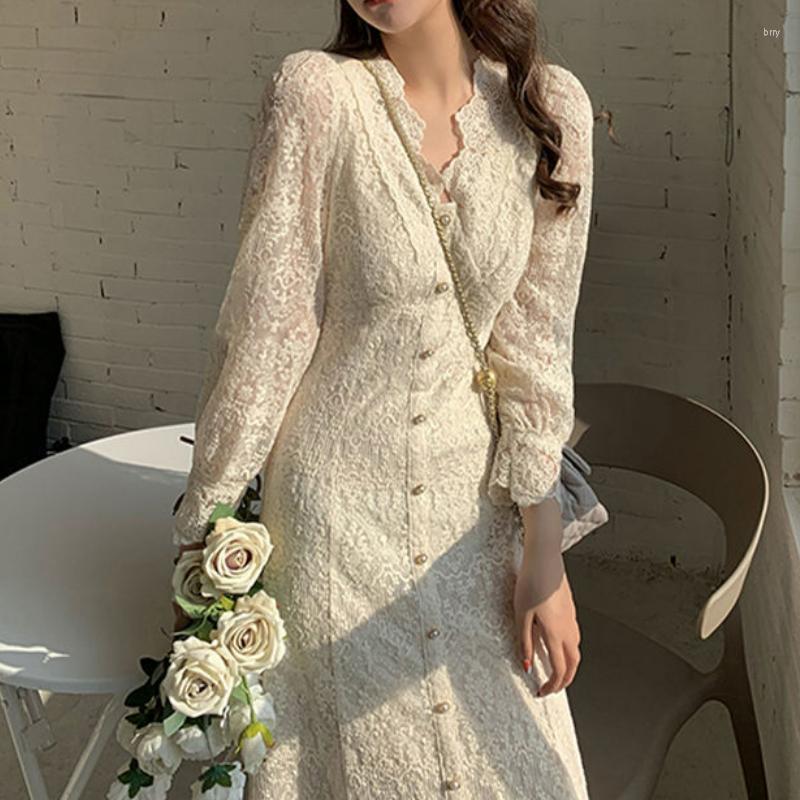 

Casual Dresses French Vintage Lace Dress Women Long Sleeve Fairy Elegant Korean Princess Autumn One-piece Y2k Lady Party 2022