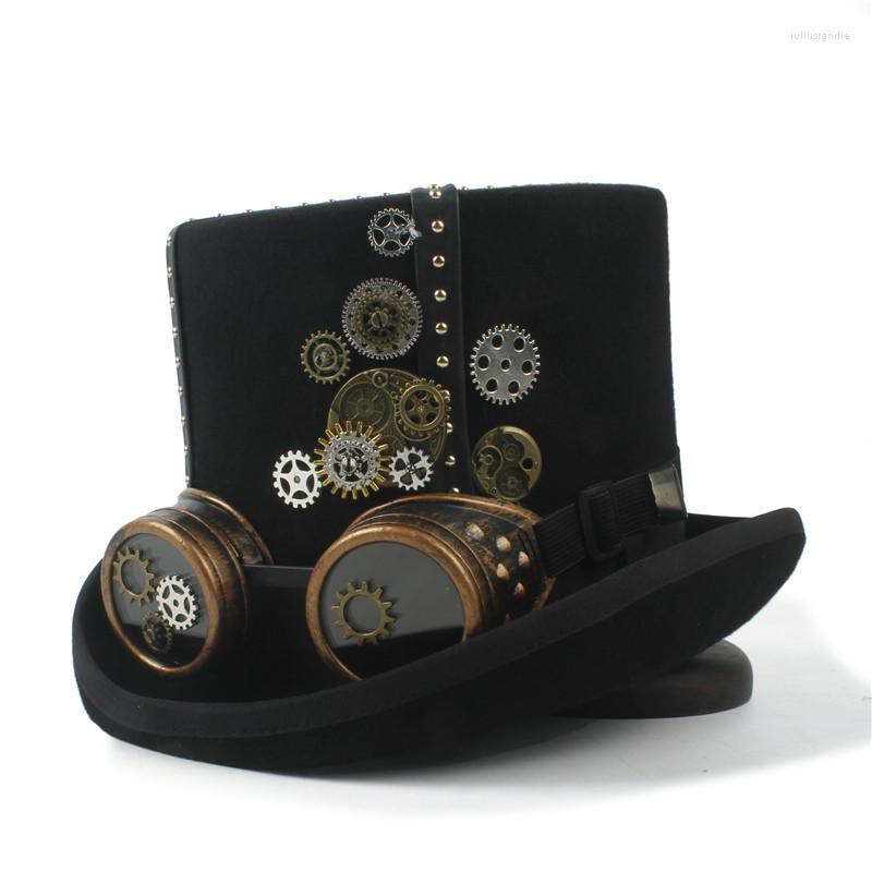 

Berets 13.5CM Black Steampunk Top Hat For Women Men Fedora Steam Punk Glasses Gear Millinery Goggles Party Cap Mask Accessory, Black 55cm