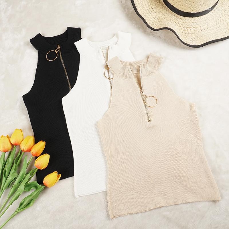 

Women's Tanks Summer Autumn Women Zipper Halter Tank Top Sexy Knitted Strap Camis Club Girls Sleeveless Short Camisole Vest Tops S1196, Black