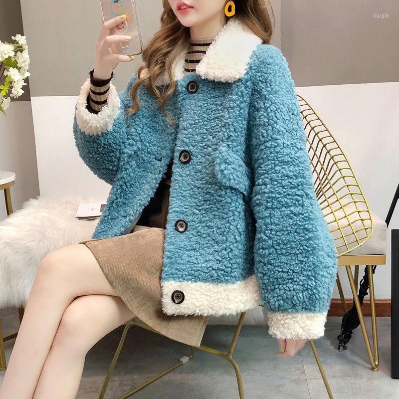 

Women's Fur Lamb Wool Coat Female Winter Style Imitation One-Piece Sheep Shearing Korean Loose Jacket Women, Red
