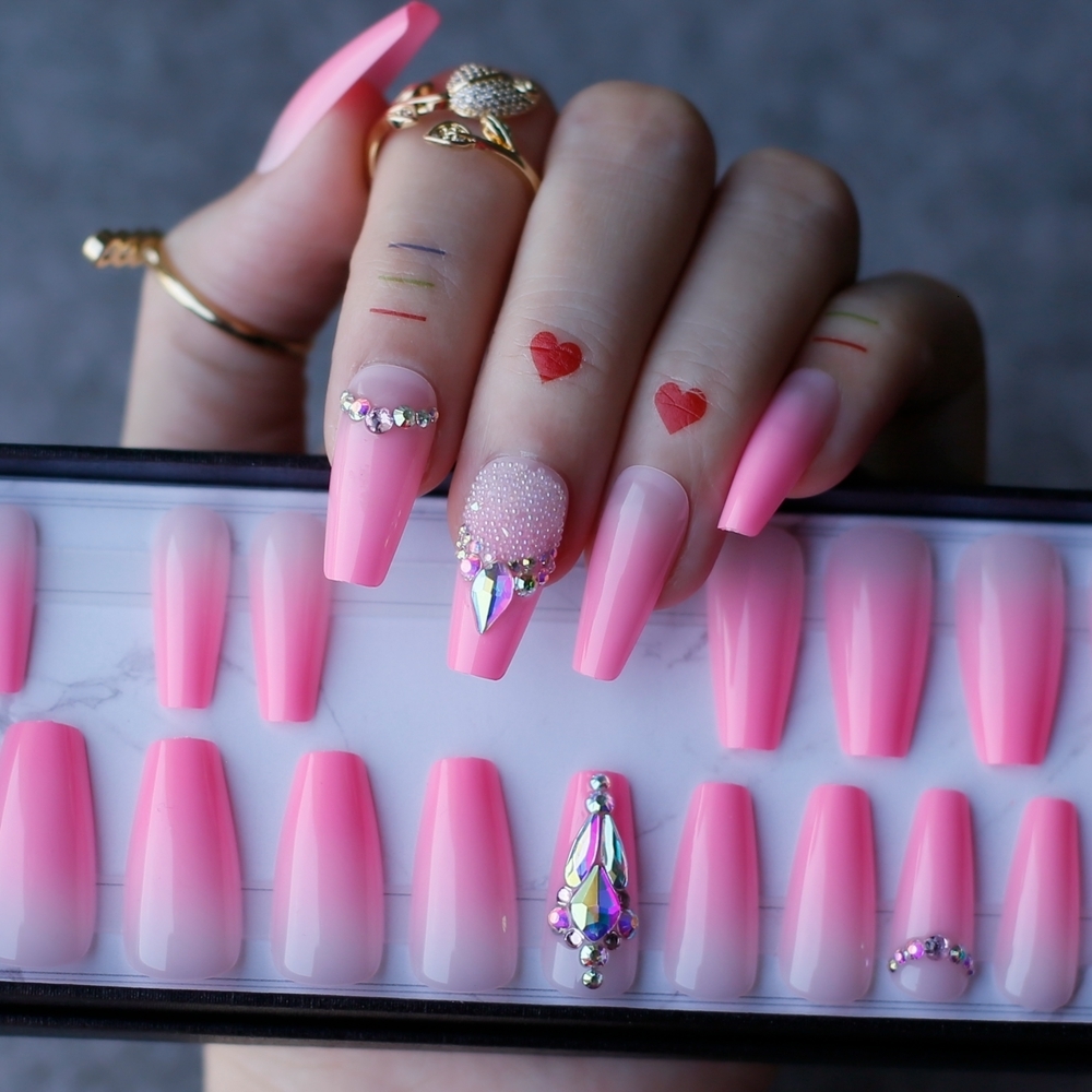 

Nail Practice Display Middle length Coffin Ombre Pink Acrylic nails crystal DIY Style Art Fake nalis Tips Press on nails Cute girlfriend gift box set 221206