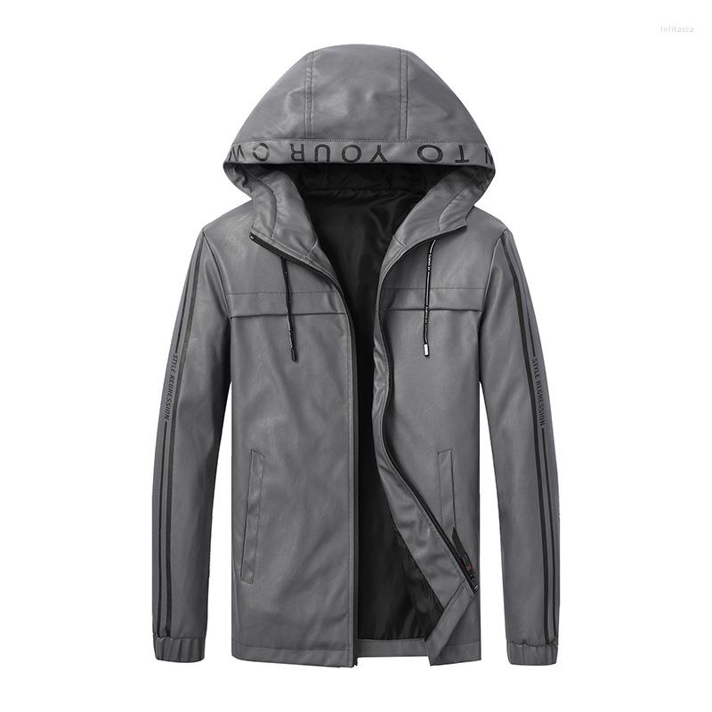 

Men's Jackets Men Fashion Vintage Outwear Zipper Faux Leather Autumn Casual Moto Biker Jacket Hooded Coat, Black