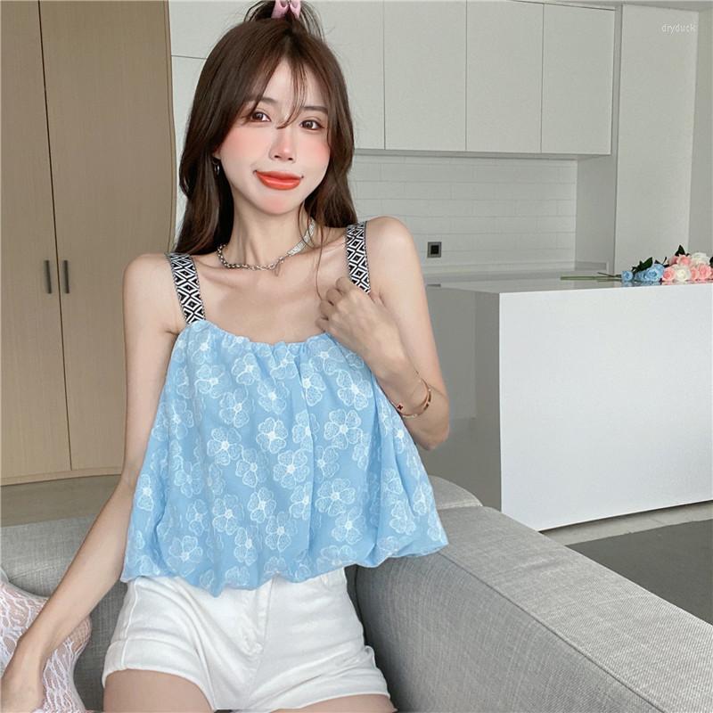 

Women' Tanks Tank Top Women Floral Spaghetti Strap Sweet Style Summer Off Shoulder Camis Loose Backless Tees Fashion Korean Clothes, Blue