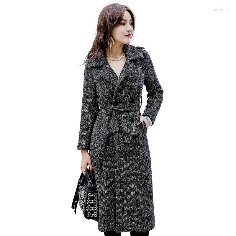 

Women's Wool 2022 Plaid Woolen Coat Women Mid-Long Fashion Windbreaker Autumn Winter Thick Outerwear Belt Trench Overcoat, Dark grey