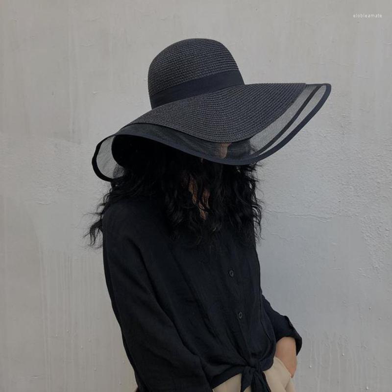 

Wide Brim Hats Vintage Summer For Women Black Big Seaside Beach Bucket Hat French Elegant Sun Protection Retro Straw Holiday
