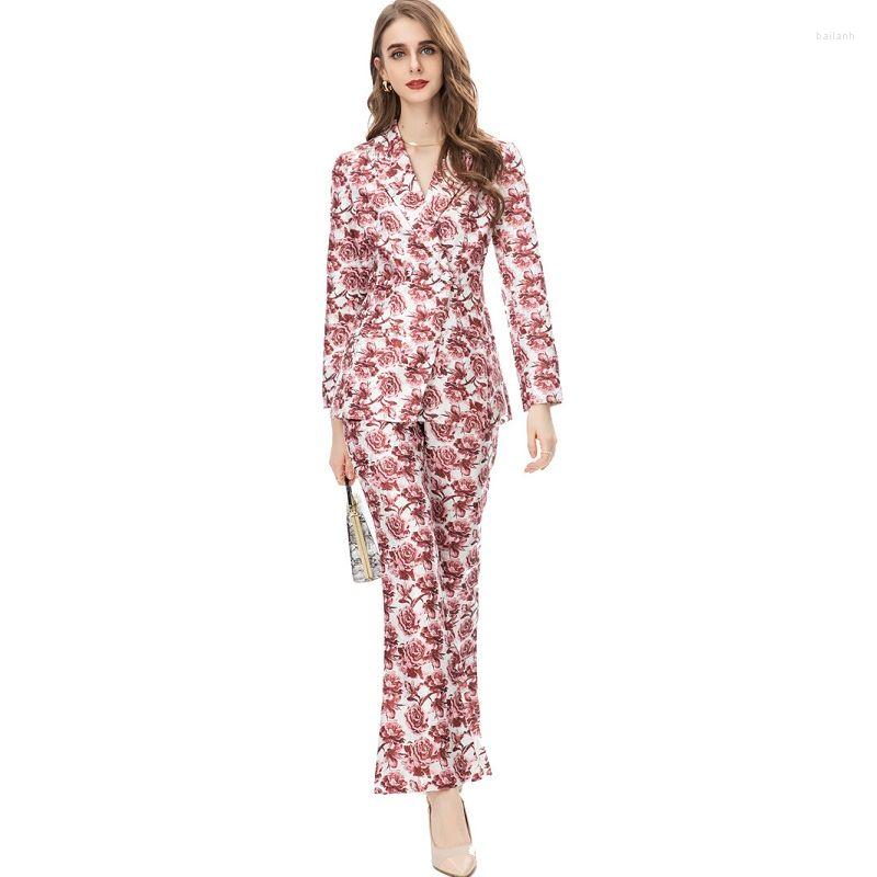 

Women' Two Piece Pants Pant Suits Women 2022 Autumn Winter Rose Flowers Printed Long Sleeved SIngle Breasted Blazer Jacket Flare Set, Picture colour