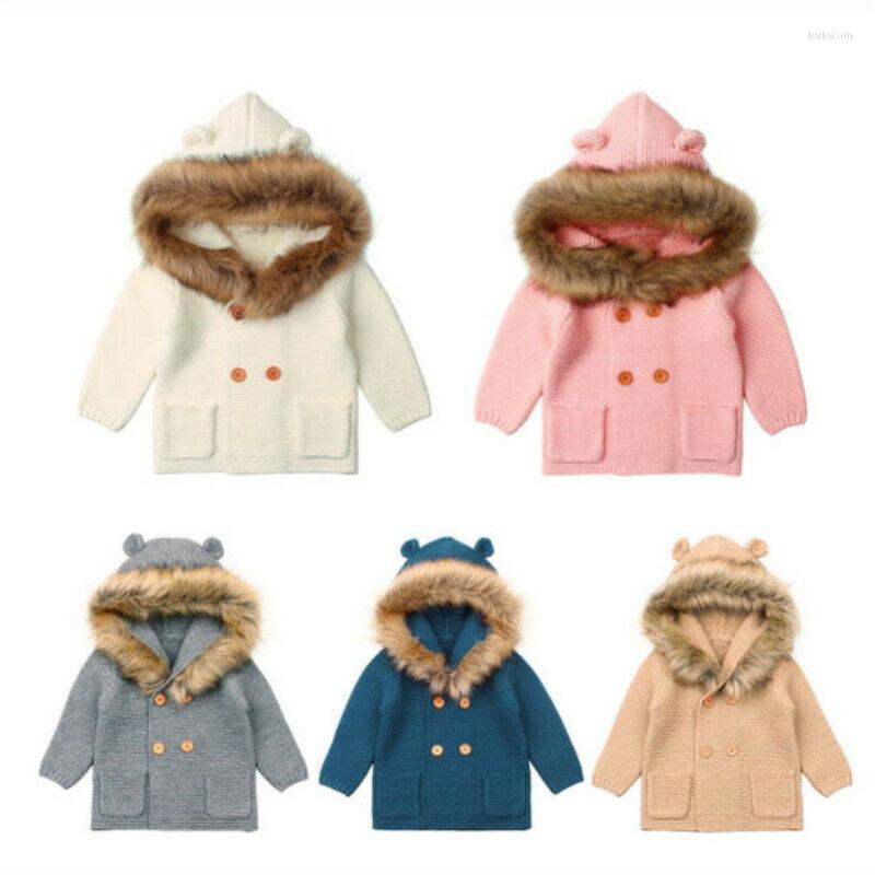 

Jackets 2022 Warm Winter Solid Born Baby Boy Girl Knit Hooded Coat Fur Collar Jacket Clothes Size 0-24M, Blue