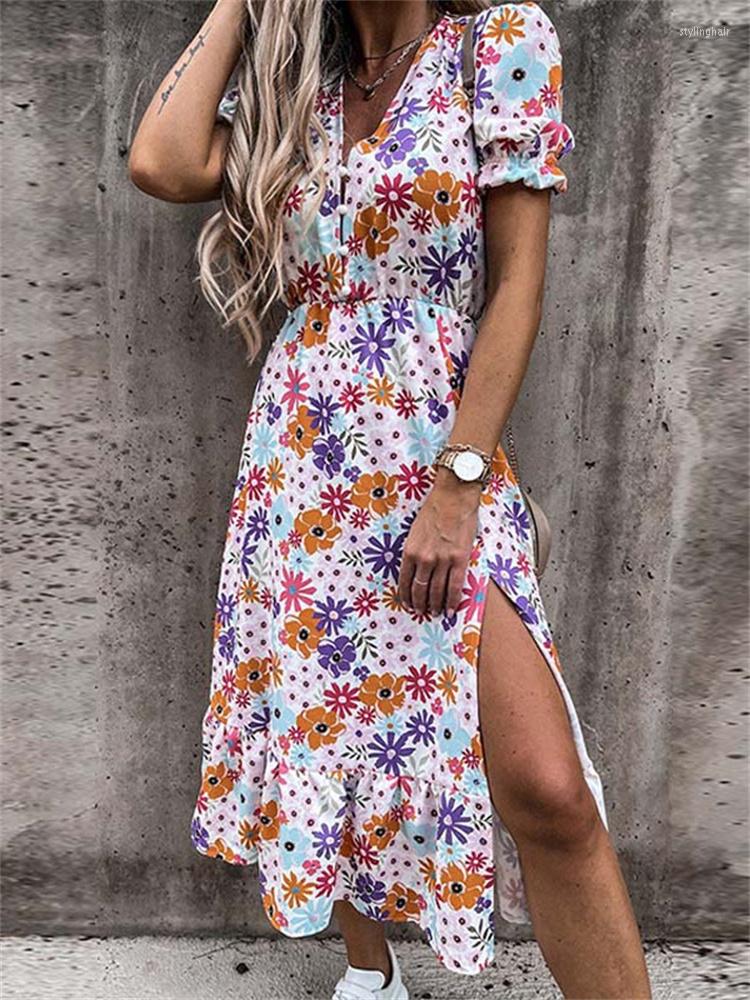 

Party Dresses 2022 Summer V Neck Floral Print Dress Women Harajuku Vintage Short Sleeve Midi Spring Loose Pocket A-Line, Pink