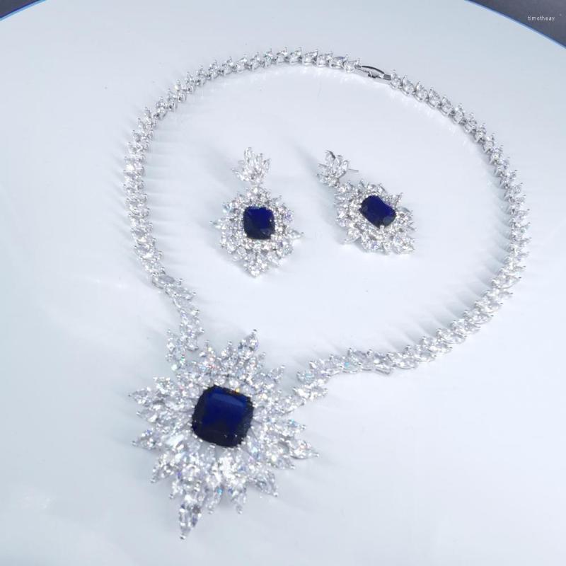 

Necklace Earrings Set 2022 FASHION Blue Square CZ Crystal Zircon Earring Jewelry Women Dressing Wedding Vintage, Picture shown