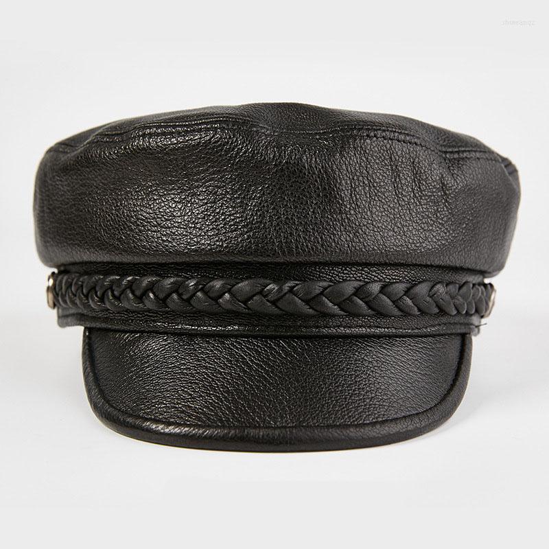 

Berets Hats For Men Sheepskin Leather Military Cap Fashion Casual Sboy Quality Autumn Winter Flat Top Women Hat, Black