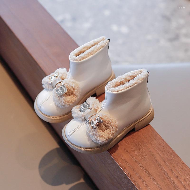 

Boots Children's Fashion Simple Winter Warm Plush Bow 2022 Cute Girls Bear Back Zipper PU Princess Breathable Casual, Black