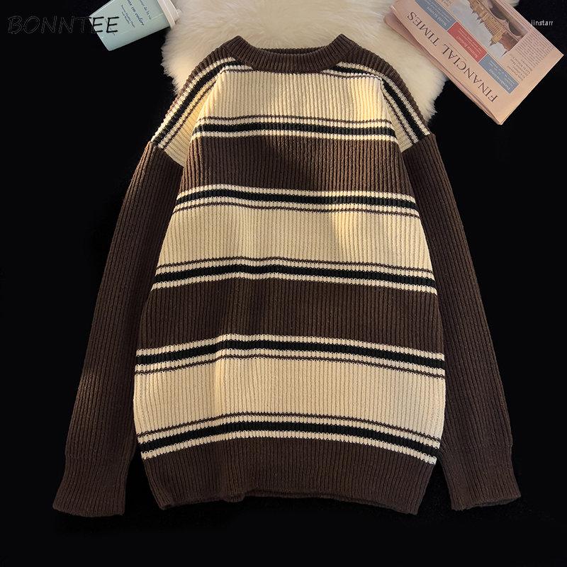 

Men's Sweaters Pullovers Men Japanese Vintage Striped Warm BF Sweater Unisex Simple Loose Knitwear Retro All-match Clothing Chandails, As shown